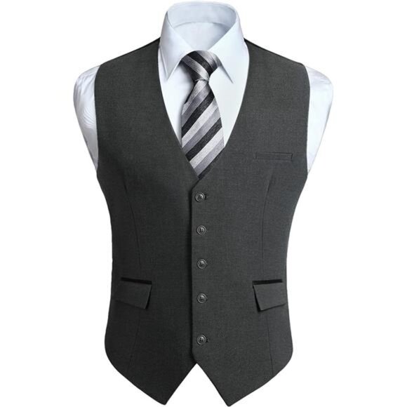 Men's Suit Vest Formal Slim Fit Dark Grey - Picture 1 of 7